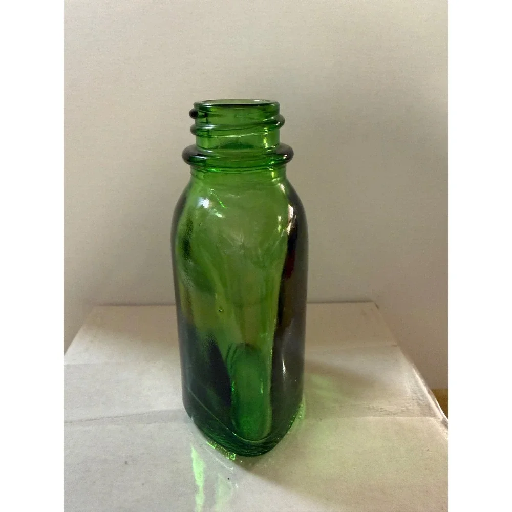 Vintage Emerald Green Glass Bottle Small Triangular Apothecary Bud Vase 3 inch
